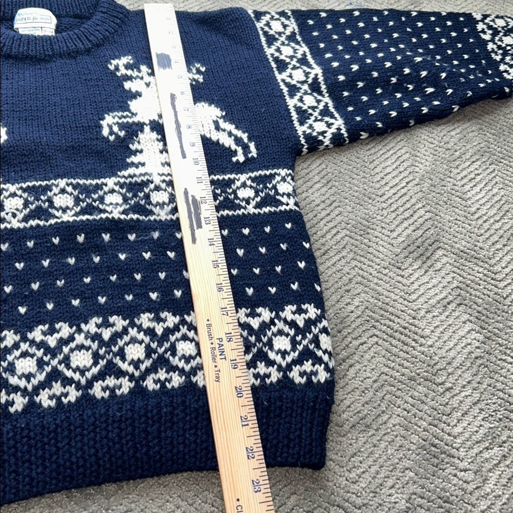 One of a Kind Hand Knit Wool Reindeer Sweater Kids 12–14 Nordic Fair Isle - Picture 7 of 8